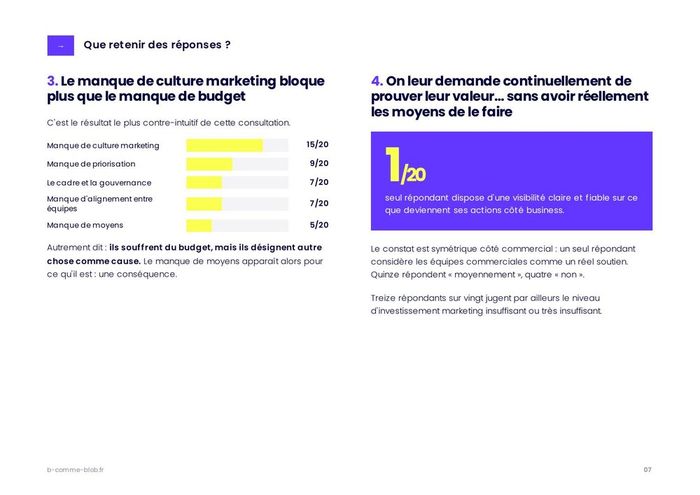 Aperçu d'une double page intérieure de l'étude&nbsp;: le manque de culture marketing et le suivi des actions business